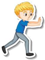 un niño empujando pose pegatina de personaje de dibujos animados vector