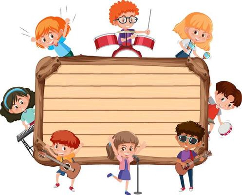 Empty wooden board with kids playing different musical instruments