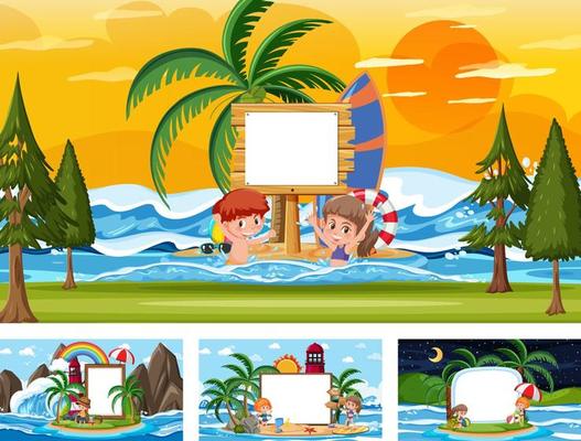 Set of blank banner in different tropical beach scenes