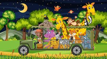 Zoo concept with wild animal group in the tourist car vector