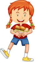 personaje de dibujos animados de niña feliz abrazando sándwich de comida vector