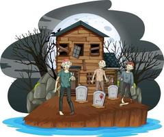 Creepy zombies at graveyard with haunted house vector