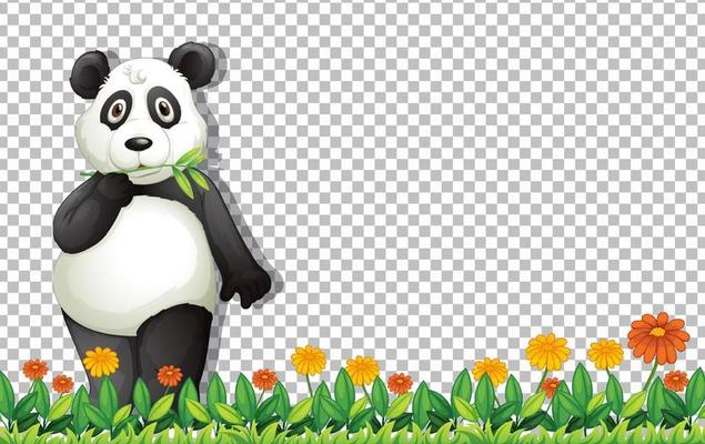 Panda bear standing on green grass on grid background