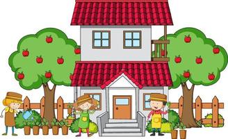 Front view of a house with many kids on white background vector