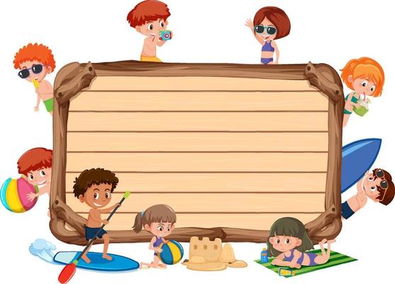 Empty wooden board with children in summer beach theme