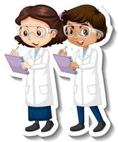 Cartoon character sticker with couple scientists in science gown vector