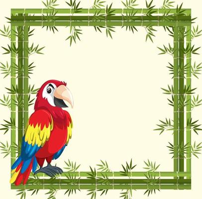 Empty banner with bamboo frame and parrot bird cartoon character