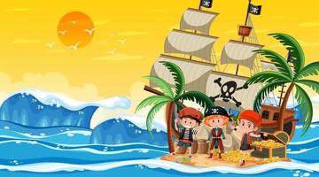 escena de la isla del tesoro al atardecer con niños piratas