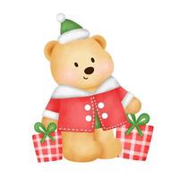 Christmas and New year greeting card with a cute teddy bear and gift box in watercolor style . vector