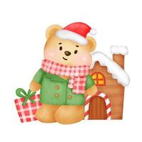 Christmas and New year greeting card with a cute teddy bear and gift box in watercolor style . vector