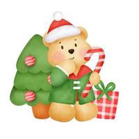 Christmas and New year greeting card with a cute teddy bear in watercolor style . vector