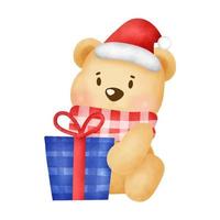 Christmas and New year greeting card with a cute teddy bear and christmas gift in watercolor style . vector