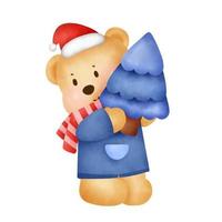 Christmas and New year greeting card with a cute teddy bear and gift box in watercolor style . vector