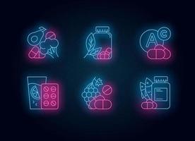 Vitamin intake neon light icons set vector