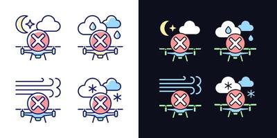 Safe drone operation light and dark theme RGB color manual label icons set vector