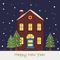 Snow house on Christmas card. Winter landscape with snowflakes and fir trees on blue background of the night sky. Happy new year greeting card vector