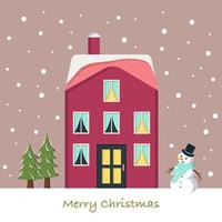 Snow house on Christmas card. Winter landscape with snowflakes, snowman and fir trees on pink background. Festive greeting postcard for new year vector