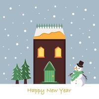 Snow house on Christmas card. Winter landscape with snowflakes, snowman and fir trees on blue background. Happy new year greeting card vector