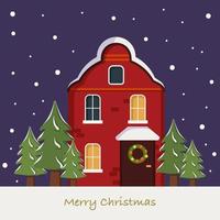 Bright cute red home on Christmas card. Winter landscape with snowflakes and fir trees on violet background of night sky. Happy new year greeting postcard vector