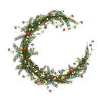 Round Christmas frame from fir branches with garland of multicoloured bulbs and gold stars. Festive decoration for New Year and winter holidays vector
