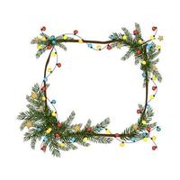 Christmas square frame made of fir branches with garland of colourful light bulbs and snowflake. Festive decoration for New Year and winter holiday vector