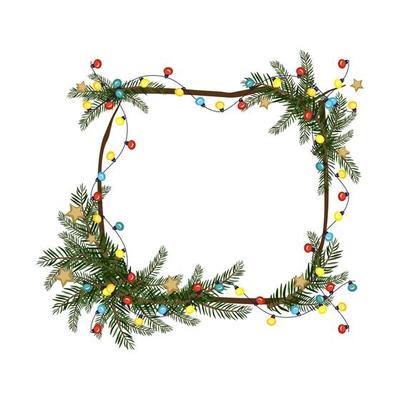 Christmas square frame made of fir branches with garland of colourful light bulbs and snowflake. Festive decoration for New Year and winter holiday