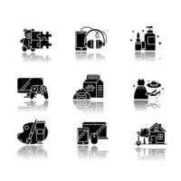 departamentos de comercio electrónico, sombra, conjunto de iconos de glifos negros vector