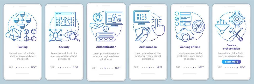 Mobile software development onboarding mobile app page screen vector template