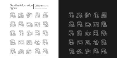 Sensitive information types linear icons set for dark and light mode vector