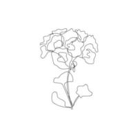 geranio continuo de una línea, flor de pelargonio. flor de estilo moderno para logotipo, emblema de icono o banner web. Ilustración de vector de estilo minimalista dibujado a mano.