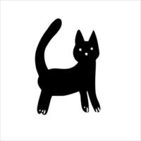 Cartoon black cat drawing. Simple and cute kitten silhouette, Halloween vector illustration. Doodle.