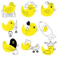 vector de dibujos animados de pato conjunto de lindos patos amarillos, garabatos, dibujados a mano, ilustración vectorial