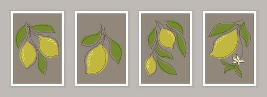 Cuatro carteles vectoriales con arte lineal con limones. vector