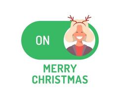 Greeting Christmas Card. Creative Merry christmas or new year concept mode switch toggle. Slider button on xmas Flat vector illustration with character person avatar on green button.