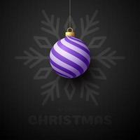 Merry christmas and happy new year banner. Vector illustration card with purple christmas tree ball on luxury snowflake background with modern lettering