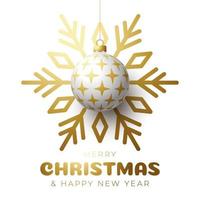 Merry christmas and happy new year banner. Vector illustration card with golden christmas tree ball on luxury snowflake background with modern lettering