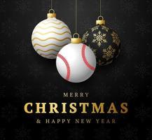 feliz navidad y próspero año nuevo tarjeta de felicitación deportiva de lujo. pelota de béisbol como una bola de navidad en el fondo. ilustración vectorial. vector