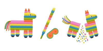 Pinata donkey whole and broken, full and empty. Traditional mexican toy with candies for birthday party vector