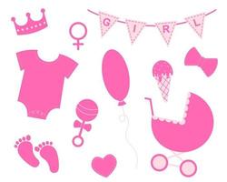 Baby girl shower set. Elements for greeting cards and invitations. Pink bunting with text Girl, crown, bodysuit, bib, footprint, pram, rattle, bow, balloon, ice cream, heart vector