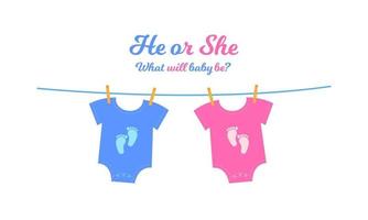 Baby bodysuits with blue and pink footprints hanging on the clothesline. Gender reveal party invitation card or banner. Boy or girl coming soon concept