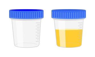 Urinalysis. Urine sample, empty and full plastic containers. Laboratory examination and diagnostics concept vector