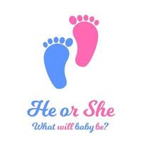 Baby boy and girl footprints, blue and pink colors. Gender reveal party invitation card or banner. He or she concept vector