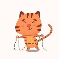 cute tiger symbol of the year holding a garland vector