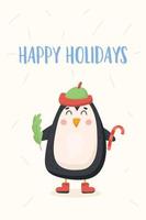 lindo cartel navideño con felices fiestas y pingüino vector