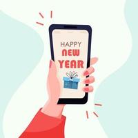 teléfono en mano. feliz año nuevo regalo en el teléfono vector