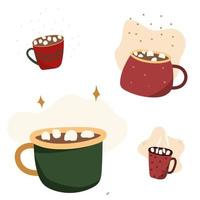 Christmas set of mugs with cocoa and marshmallows vector