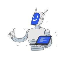 Illustration of a robot with a laptop. Vector. Cartoon android developer. Mascot of the company. Data protection. Online programming. vector