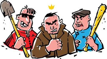 Illustration of bad guys. The guys are not hipsters. Image of cheerful hoodlums on a white isolated background. Illustration of Russian bandits in comic style. Street criminal grouping. vector