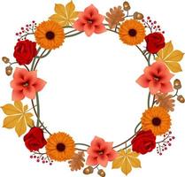 autumn round frame with flowers, leaves, berries and acorns vector