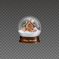 Globo de nieve navideño con casa de jengibre y trineo. vector